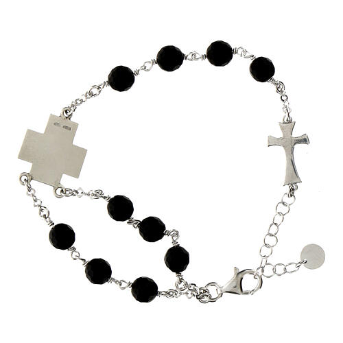 Agios bracelet of rhodium-plated 925 silver, black beads and cross, 8 in 2
