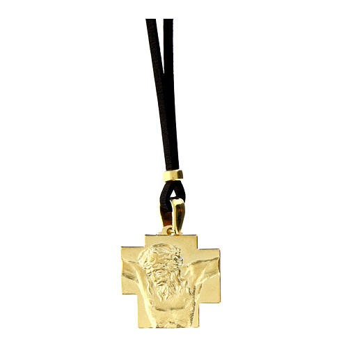 Agios necklace with gold plated icon, black leather, 17 in 1