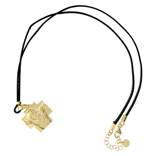 Agios necklace with gold plated icon, black leather, 17 in 3