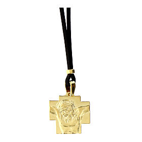 Colar Agios Icona cruz dourada fio couro preto prata 925