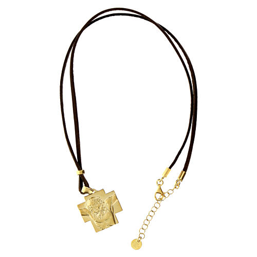 Agios necklace with gold plated icon, brown leather, 17 in 3