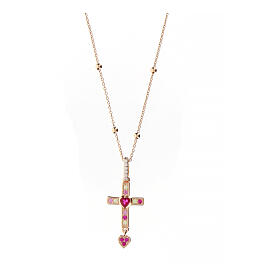 Agios necklace of rosé 925 silver with cross and rhinestones, 16.5 in