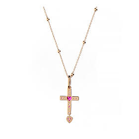 Agios necklace of rosé 925 silver with cross and rhinestones, 16.5 in
