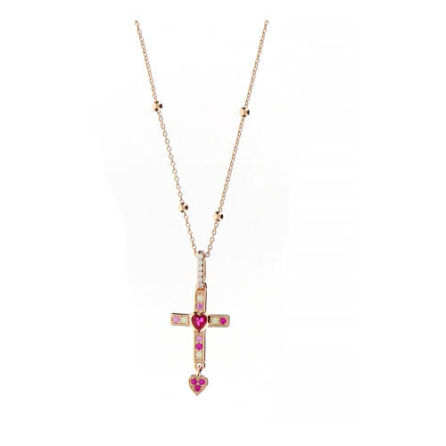 Agios necklace of rosé 925 silver with cross and rhinestones, 16.5 in 1