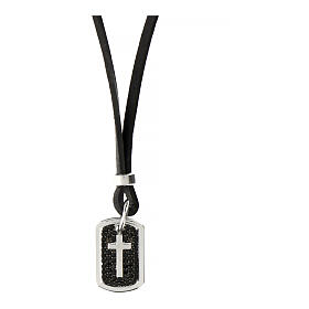 Agios necklace with cross on black rhinestones, black leather, 17 in