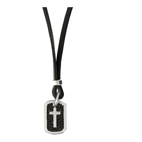 Agios necklace with cross on black rhinestones, black leather, 17 in 1