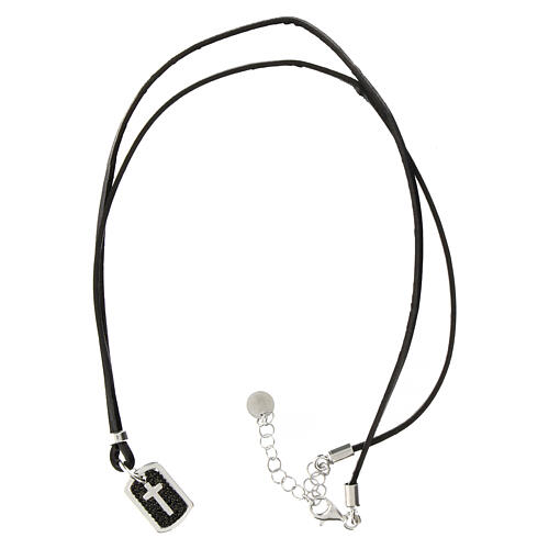 Agios necklace with cross on black rhinestones, black leather, 17 in 3