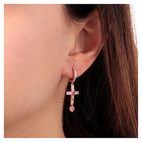 Agios rosé earrings with cross and red rhinestones, 925 silver
