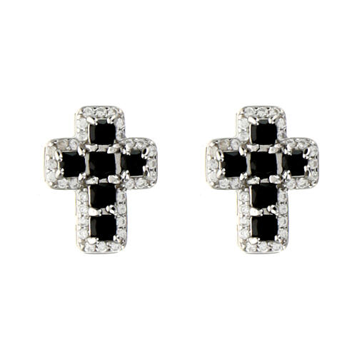 Agios cross-shaped earrings with black and white rhinestones, 925 silver 1