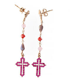 Agios drop earrings with pink rhinestones and cross, 925 silver