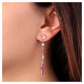 Agios drop earrings with pink rhinestones and cross, 925 silver