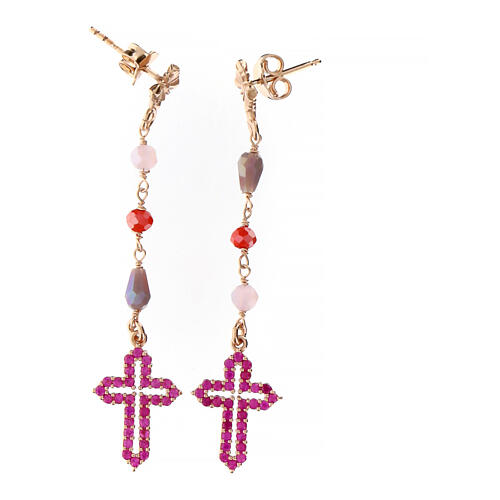 Agios drop earrings with pink rhinestones and cross, 925 silver 1