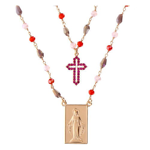 Naszyjnik od Agios, podwójna, kamienie kolorowe, krzyż i Cudowna Madonna, srebro 925 1