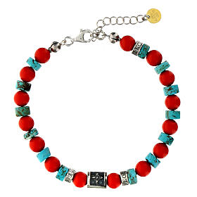 Agios bracelet with red and light blue natural stones, 925 silver