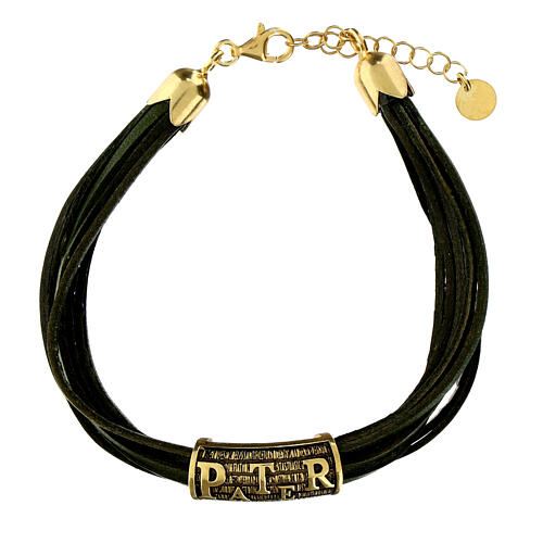 Pulseira Pater de couro preto Agios prata 925 dourada 1