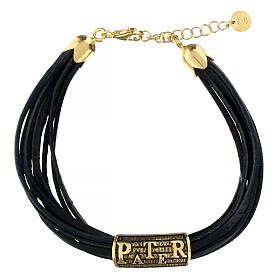Pulseira Pater de couro azul escuro Benedictus prata 925 dourada