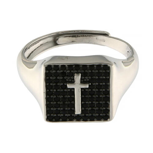 Agios Ring aus rhodiniertem Silber 925 mit schwarzen Zirkonen und Kreuz 3