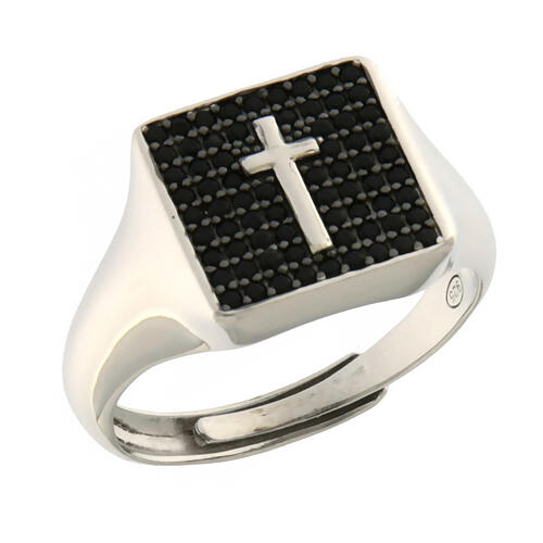 Agios signet ring of rhodium-plated 925 silver, cross and black rhinestones 1