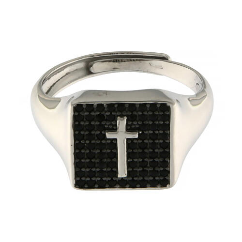 Agios signet ring of rhodium-plated 925 silver, cross and black rhinestones 2