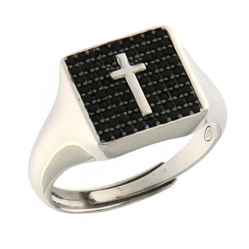 Anello Agios argento rodiato zirconi neri e croce 1