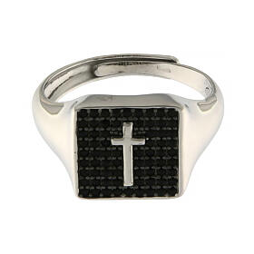 Agios ring rhodium-plated silver with black zircons and cross