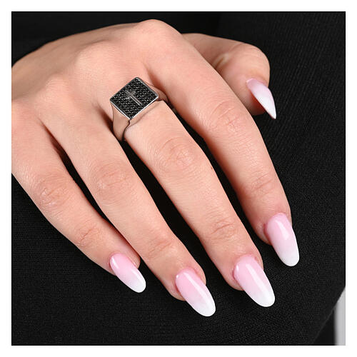 Agios ring rhodium-plated silver with black zircons and cross 2