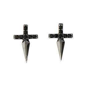 Agios black cross-shaped stud earrings, 925 silver and black rhinestones
