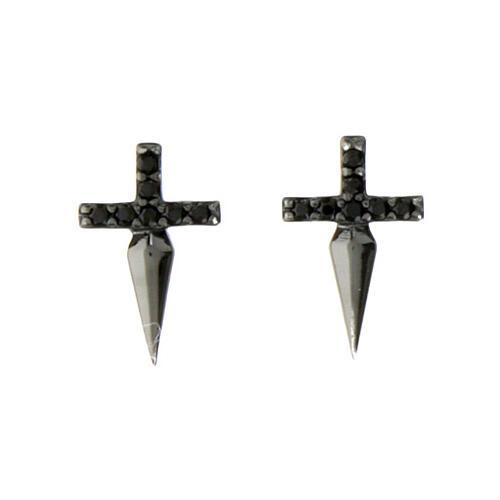 Agios black cross-shaped stud earrings, 925 silver and black rhinestones 1