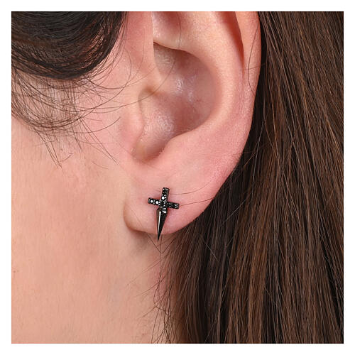 Agios black cross-shaped stud earrings, 925 silver and black rhinestones 2