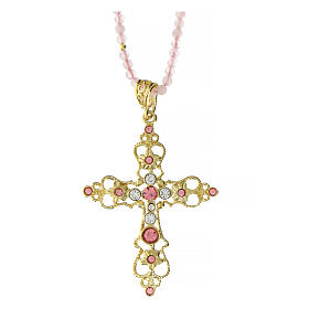 Agios necklace of 925 silver and pink stone beads, gold plated cross with rhinestones