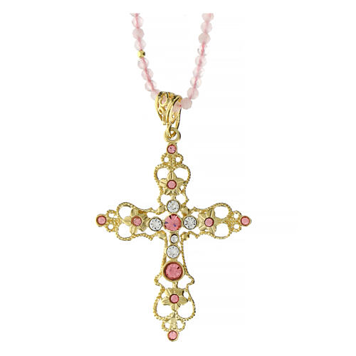Agios necklace of 925 silver and pink stone beads, gold plated cross with rhinestones 1