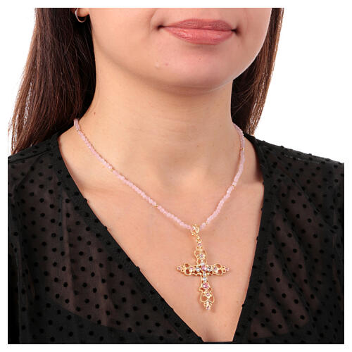 Agios necklace of 925 silver and pink stone beads, gold plated cross with rhinestones 2
