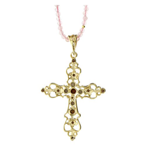Agios necklace of 925 silver and pink stone beads, gold plated cross with rhinestones 3
