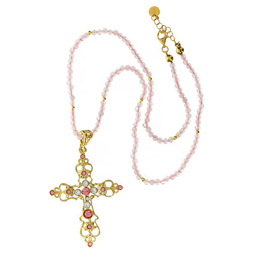 Agios necklace of 925 silver and pink stone beads, gold plated cross with rhinestones 4