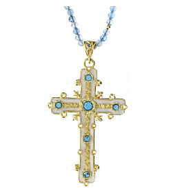 Agios necklace of gold plated 925 silver and light blue stone beads, enamelled cross with rhinestones