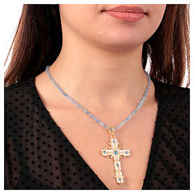 Agios necklace of gold plated 925 silver and light blue stone beads, enamelled cross with rhinestones
