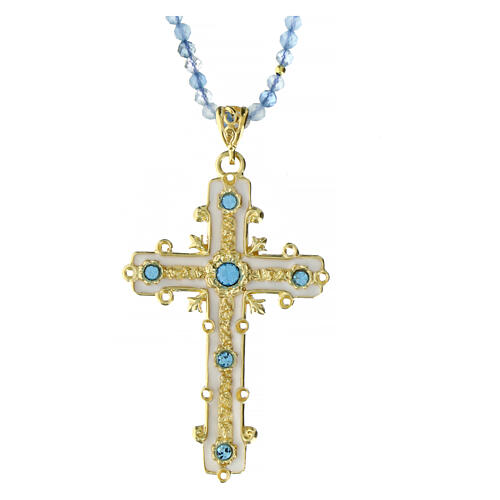 Agios necklace of gold plated 925 silver and light blue stone beads, enamelled cross with rhinestones 1