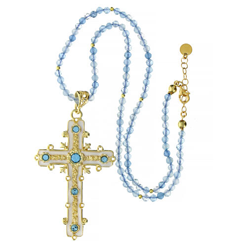 Agios necklace of gold plated 925 silver and light blue stone beads, enamelled cross with rhinestones 4