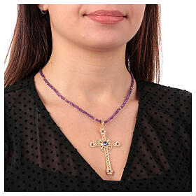 Agios necklace of gold plated 925 silver and purple stone beads, cut-out cross with rhinestones