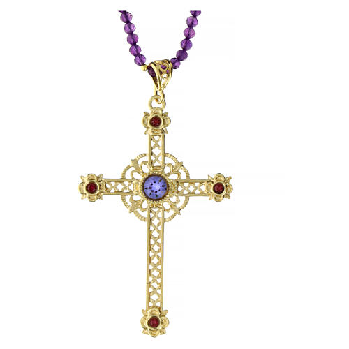Agios necklace of gold plated 925 silver and purple stone beads, cut-out cross with rhinestones 1