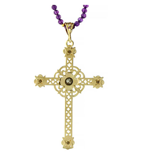 Agios necklace of gold plated 925 silver and purple stone beads, cut-out cross with rhinestones 3