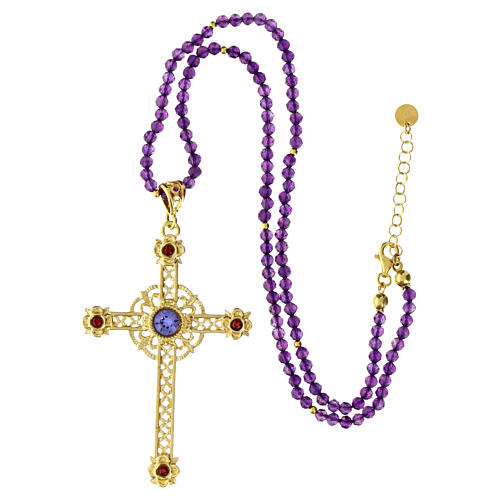 Agios necklace of gold plated 925 silver and purple stone beads, cut-out cross with rhinestones 4