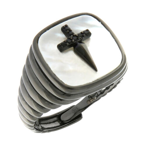 Ring aus 925er Silber mit Mutterperle von Agios schwarzen Zirkonen und Kreuz 1