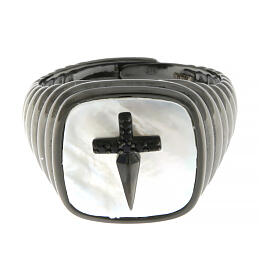 Agios signet ring of 925 silver, cross on mother-of-pearl and black rhinestones