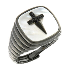 Agios 925 mother-of-pearl silver ring with black zircons and cross