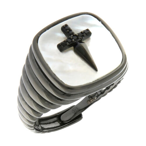 Agios 925 mother-of-pearl silver ring with black zircons and cross 1