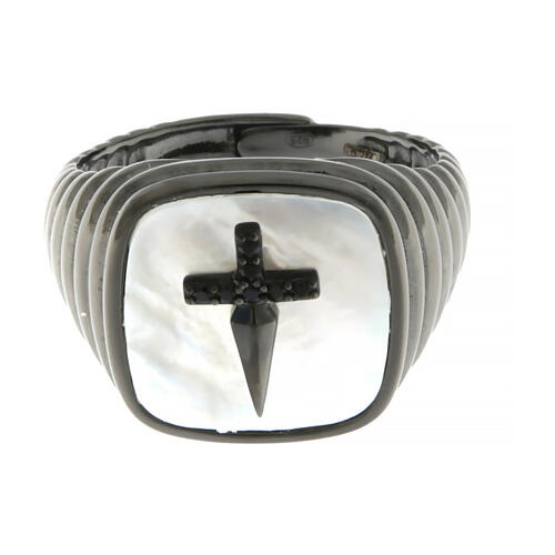 Agios 925 mother-of-pearl silver ring with black zircons and cross 2