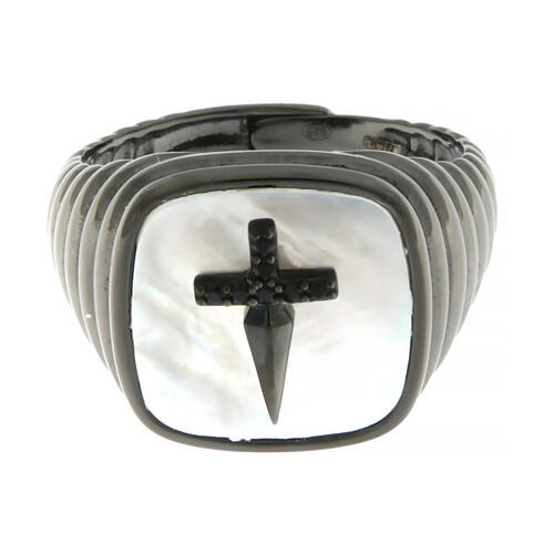 Agios 925 mother-of-pearl silver ring with black zircons and cross 3