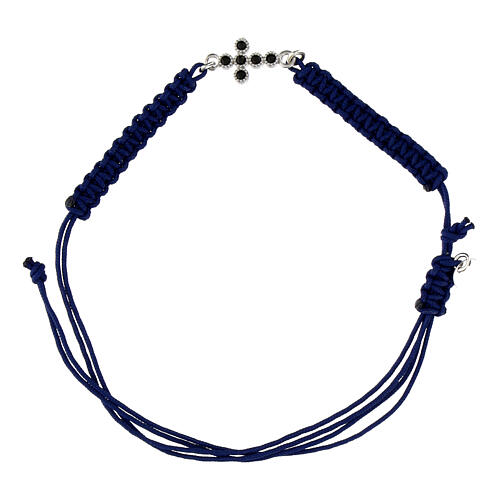 Bracelet Agios tissu bleu avec croix et zircons noirs 1