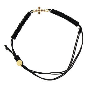 Agios bracelet of black fabric with cross of rosé rhinestones, gold plated 925 silver